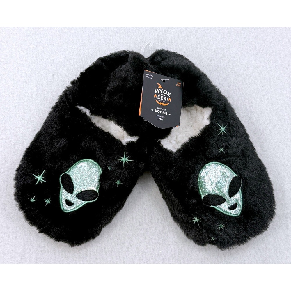 Hyde and EEK! Boutique Alien Slipper Socks Black Faux Fur Green Glitter S/M 5-7